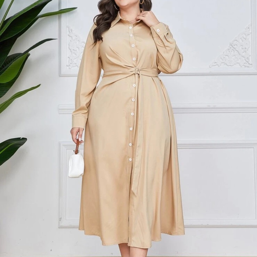 Belted Front Shirt Dress Beige
